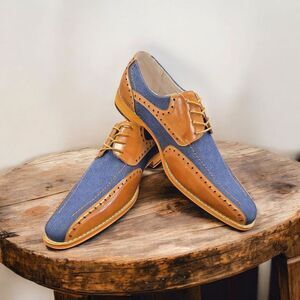 GIOVANNI MEN'S "SIMON" TAN-BLUE LEATHER AND CANVAS DRESS SHOE. SIMON